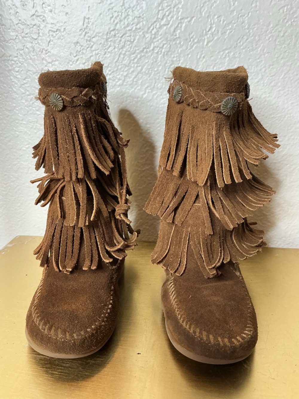 Minnetonka Brown Suede Kids Fringe Moccasins